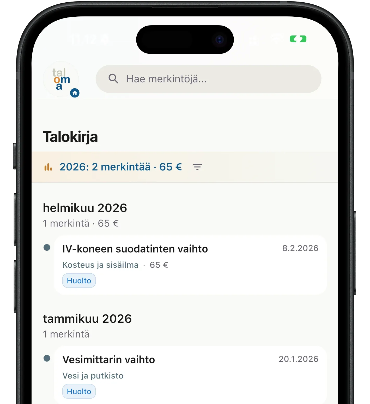 Taloma-sovelluksen talokirjanäkymä